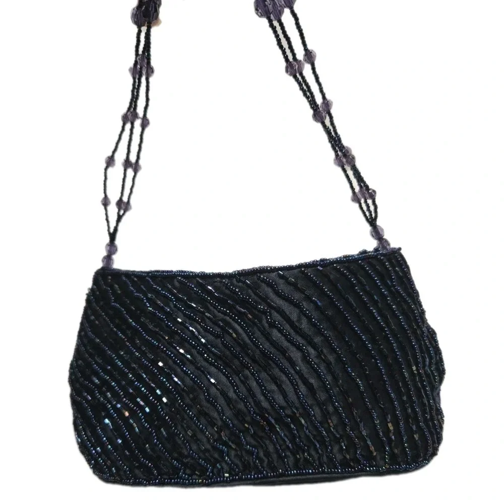 HANDCRAFTED BLUE PLEATED BAG w/ BEAD DECORATION AND BEAD HANDLE EVENING HANDBAG